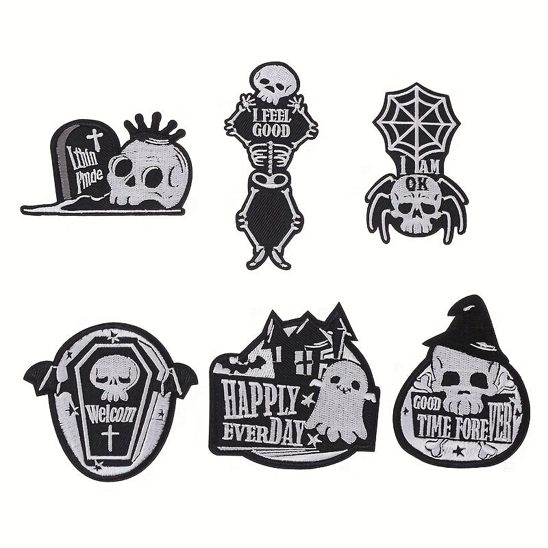 6pcs Halloween Punk Style Skull Cloth Stickers Embroidered Cloth Stickers