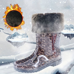 Women's Plush Lined Mid Calf Boots Waterproof Thermal Fluffy Fur Slip On Shoes