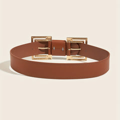 Vintage PU Leather Belt Double Square Metal Buckle Wide Belt Women's