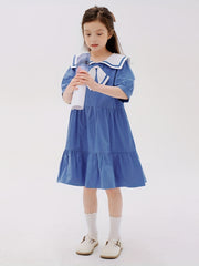 Girl's Navy Princess Dress Cotton Short Sleeve for Summer