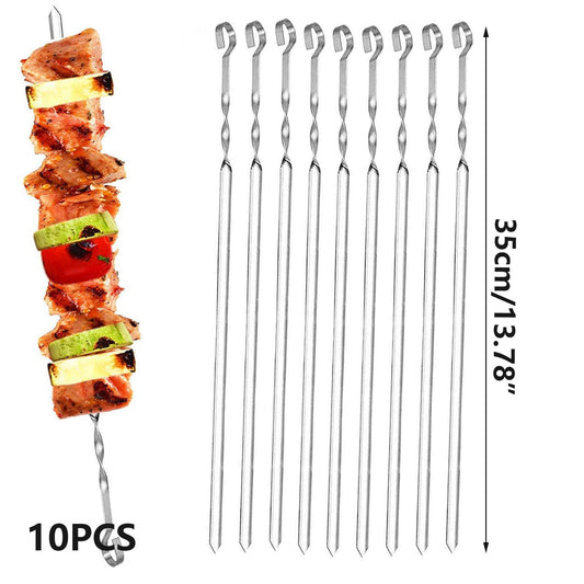 10pcs Stainless Steel BBQ Skewers for Outdoor Grilling & Camping