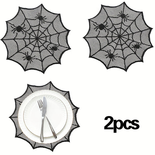 2pcs Halloween Round Placemats Lace Spider Web Table Mat for Party