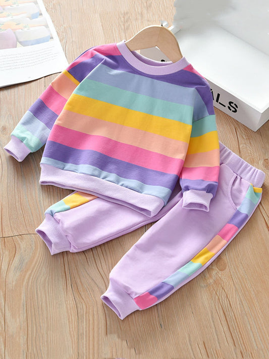 Girls Rainbow Striped Sweatshirt & Pants Set
