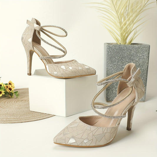 Rhinestone Stiletto Point Toe Dress Pumps Geometric Pattern Heels