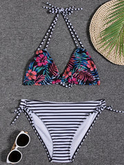 Print Bikini Set Halter Neck Triangle Tie Back Backless Swimsuit