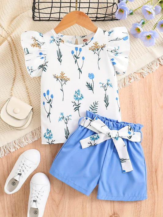 Girls Ruffled Sleeve Flower T-Shirt & Belted Shorts Set Summer Clothes