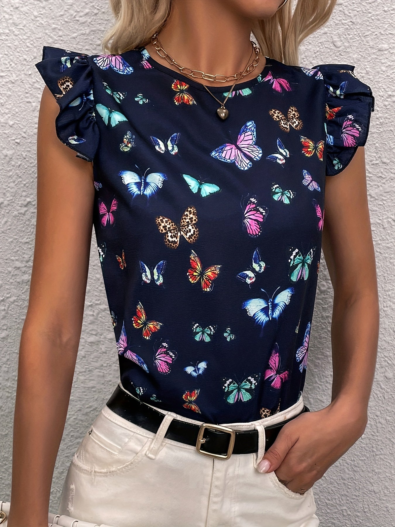  Women's Butterfly Print Sleeve Top