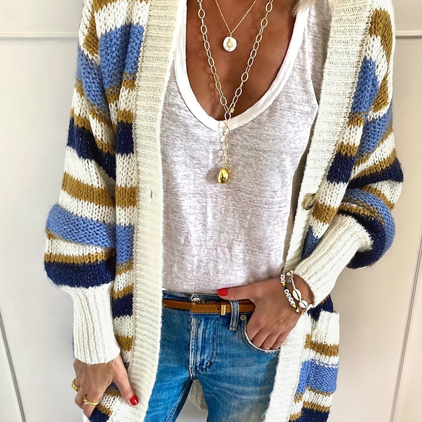  Casual Cardigan Women's Plus Stripe Print Button Up Long Sleeve
