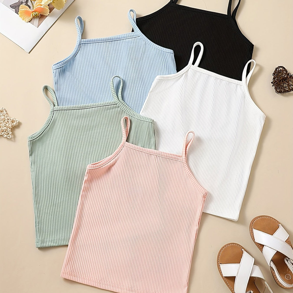 5pcs Toddler Girls Ribbed Knit Cami Top Kids Summer Clothes