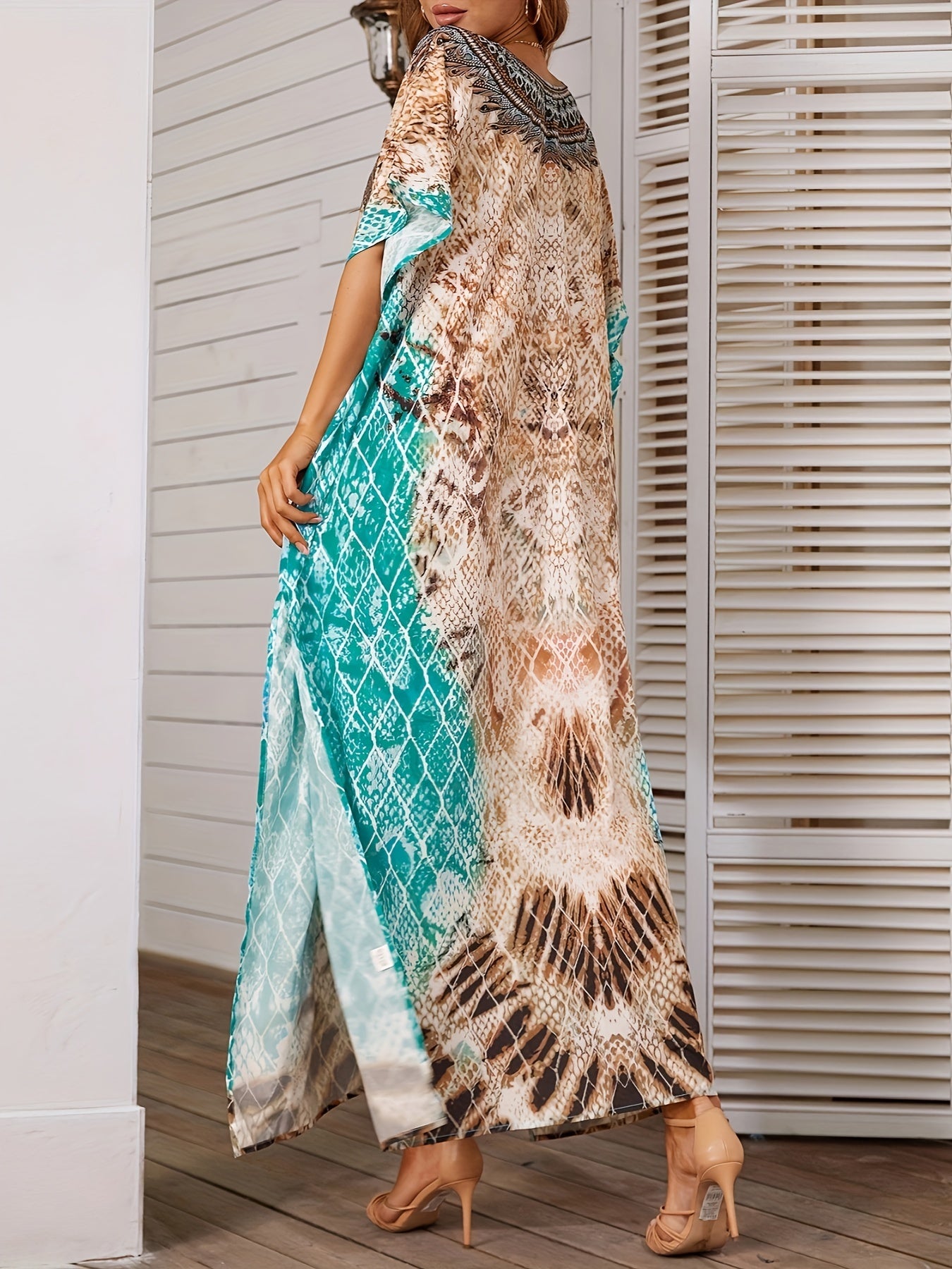  Tile Print Bat Sleeve V Neck Cover Up Dress