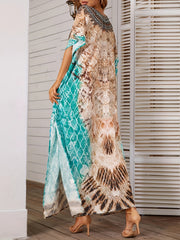  Tile Print Bat Sleeve V Neck Cover Up Dress