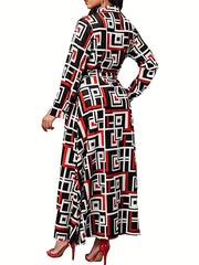 Geometric Print Long Sleeve Belted Dress