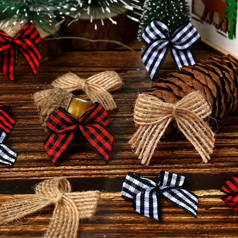 30pcs Mini Burlap & Red Checkered Ribbon Bow Party Christmas Tree Home Decor