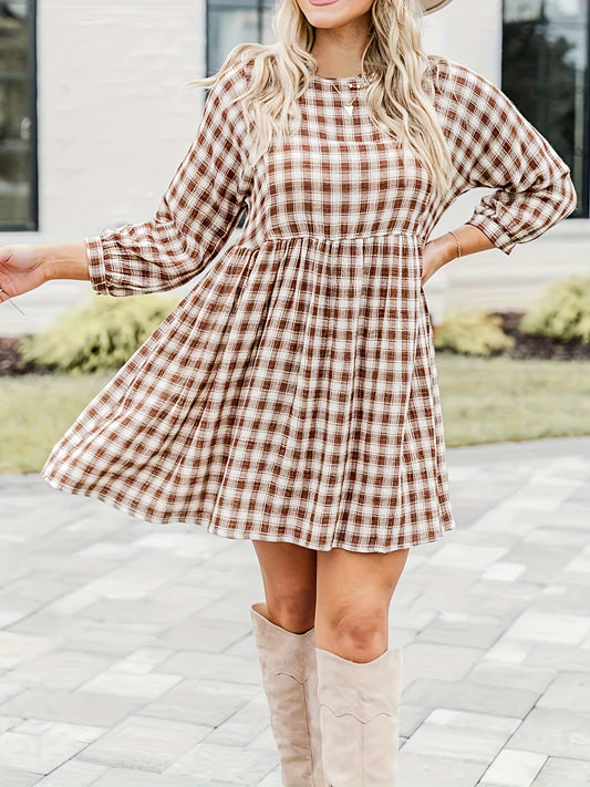 Plus Gingham Print Long Sleeve Round Neck Mini Dress