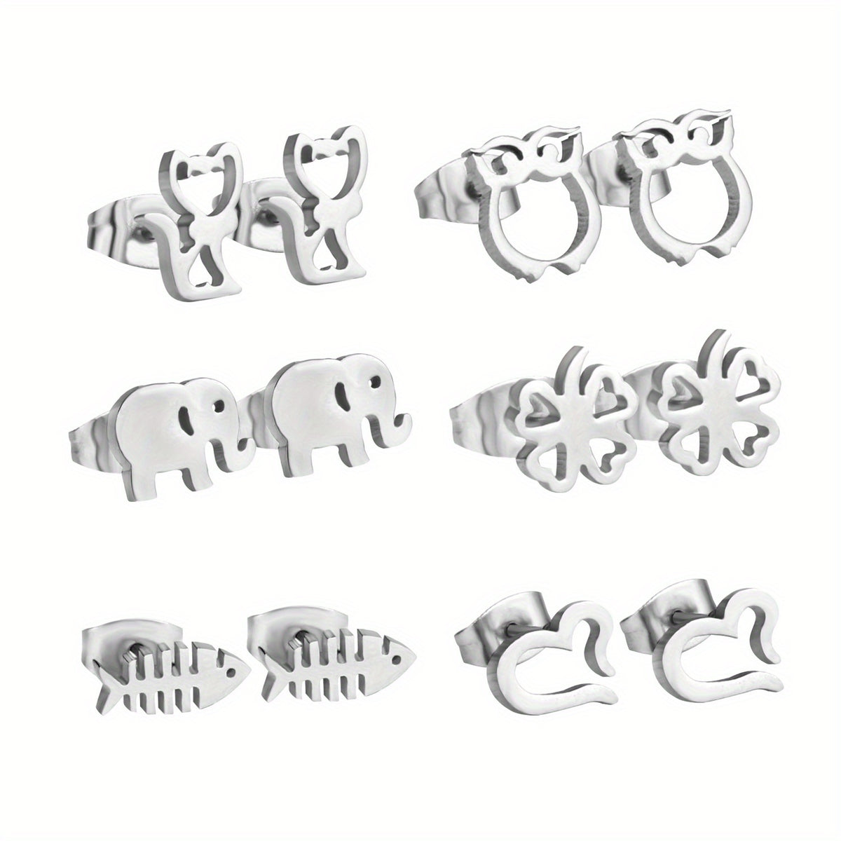 6Pairs Box Stainless Steel Cat Clover Heart Stud Earrings Set For Girls