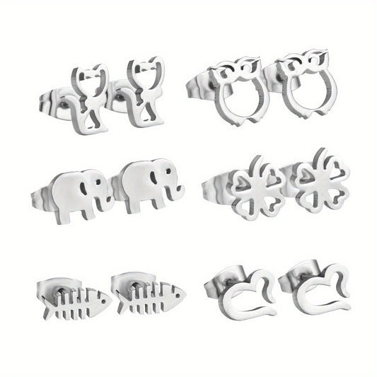 6Pairs Box Stainless Steel Cat Clover Heart Stud Earrings Set For Girls