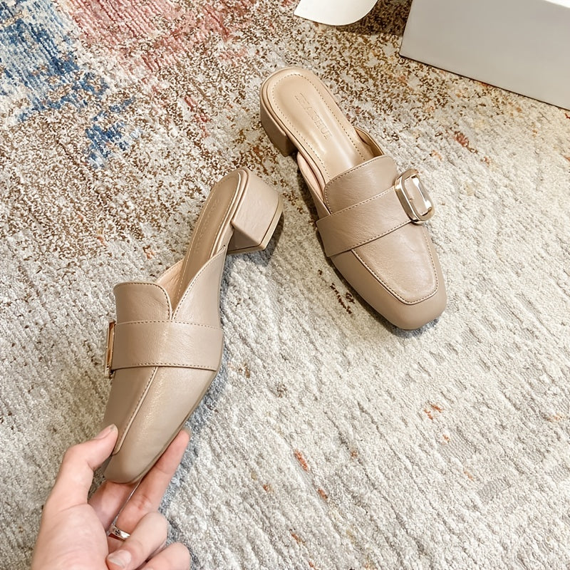 Women's Buckle Belt Flat Mules Square Toe Slip On Slides Sandals