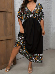  Colorblock Ditsy Print V Neck Maxi Dress