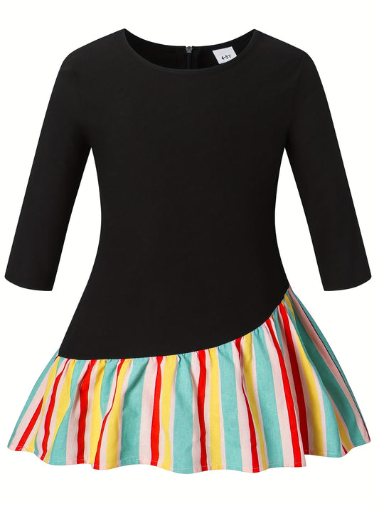 Kid Girls Rainbow Striped Long Sleeve Casual Dress