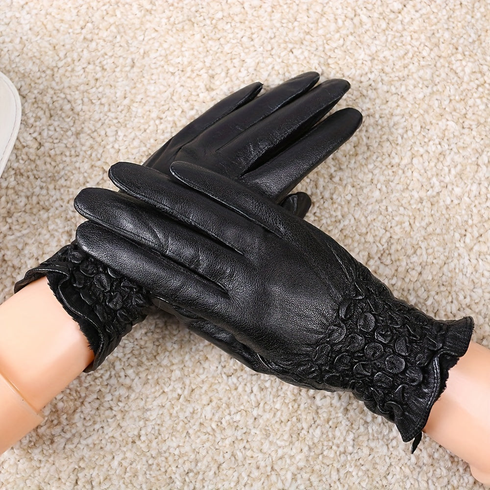 Embroidered Elastic Cuff Sheepskin Gloves