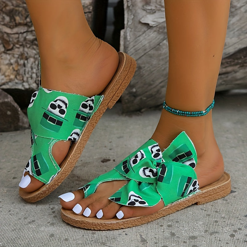 Women's Skull Print Slide Sandals Casual Loop Toe Bowknot Decor Shoes
