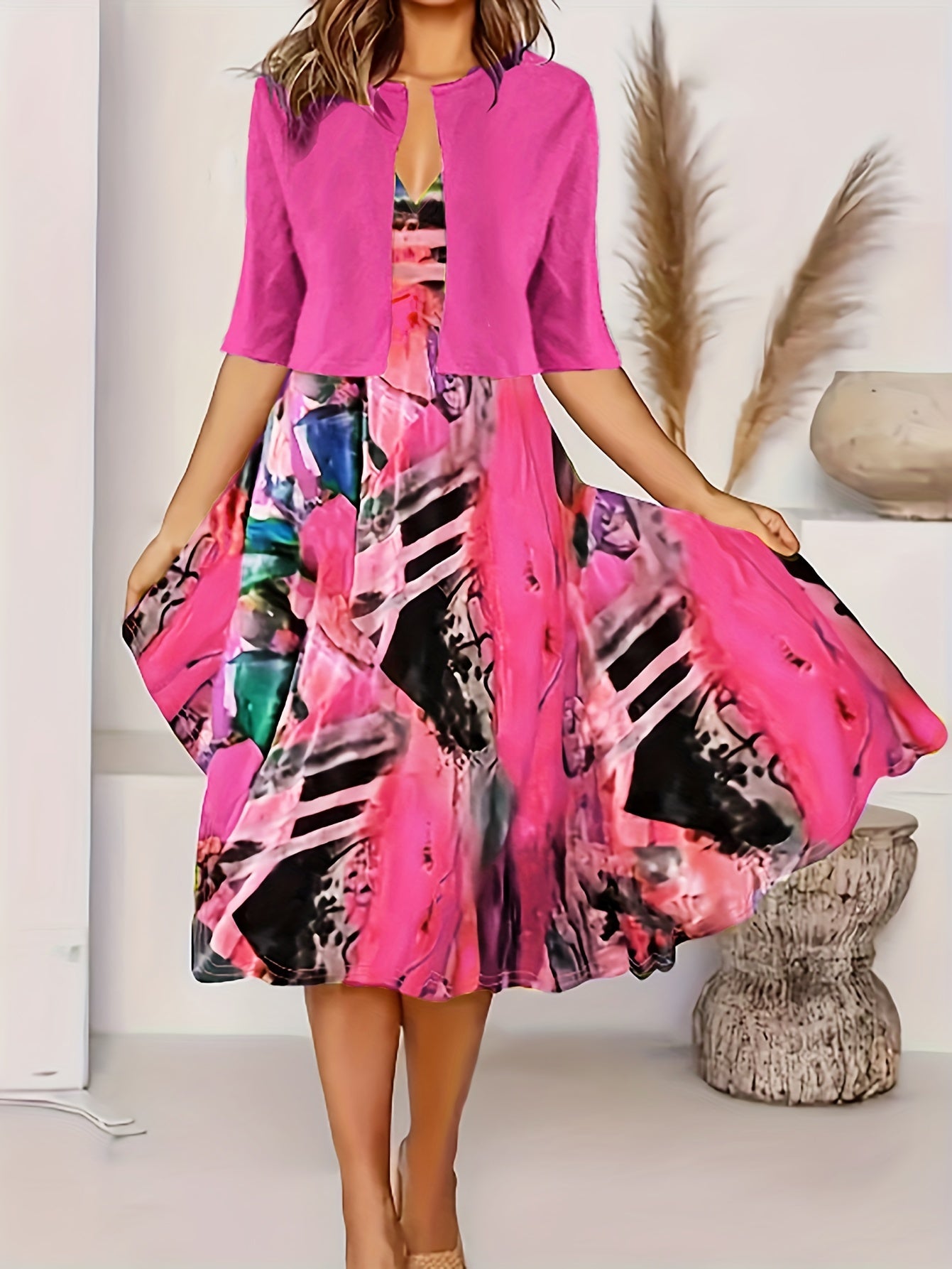 Two Piece Crop Top & Graphic Print Tank Dress Women's Outfit