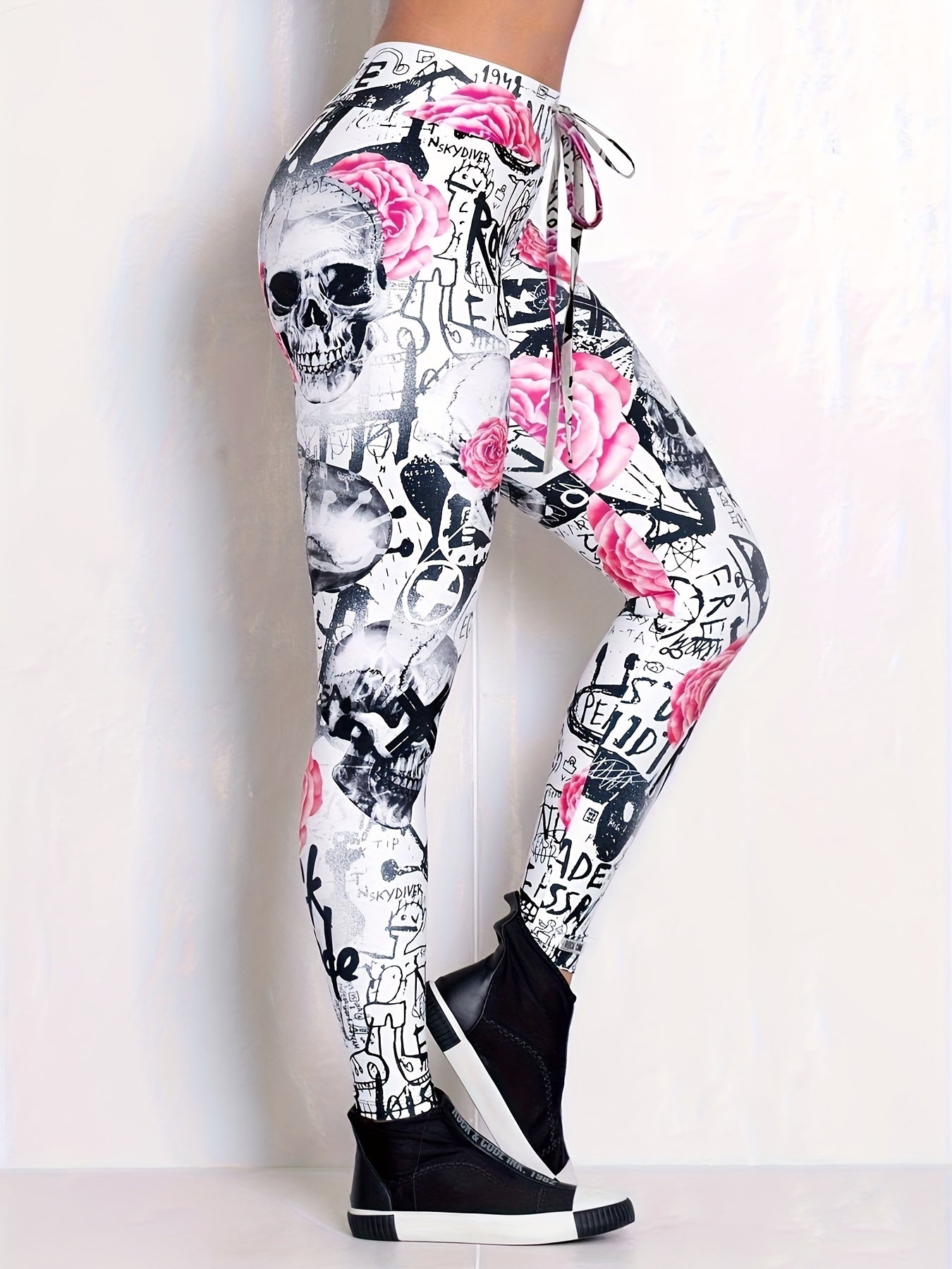  Halloween Gothic Leggings Floral Skull Print Leggings