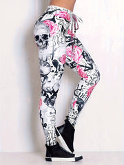  Halloween Gothic Leggings Floral Skull Print Leggings
