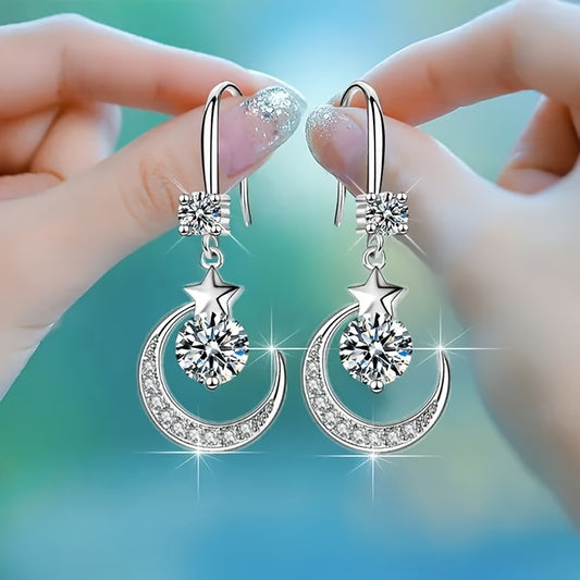Moon & Star Zircon Drop Earrings, Gift