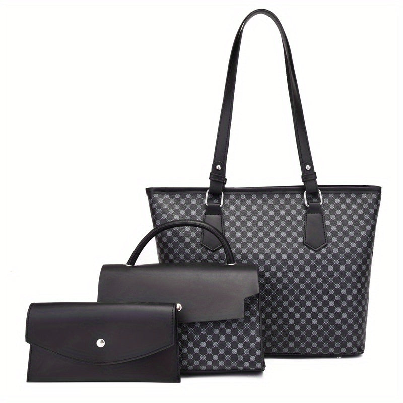 3Pcs Geometric Pattern PU Leather Tote Bag Set with Flap Handbag & Clutch