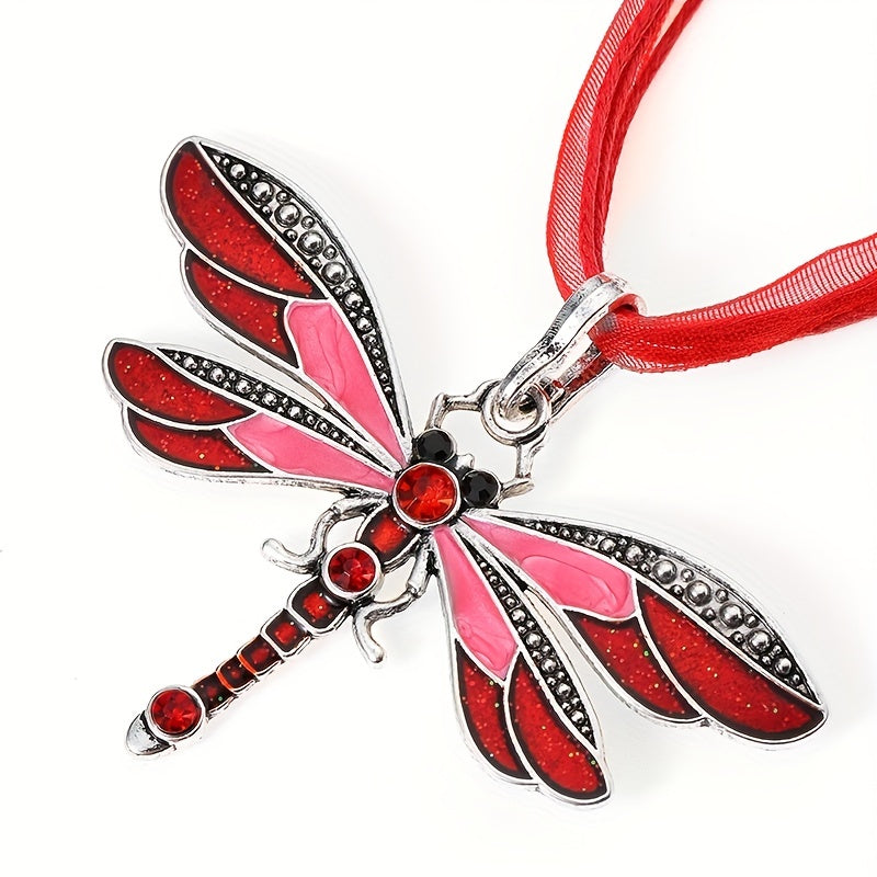 Crystal Dragonfly Ribbon Pendant Necklace For Women