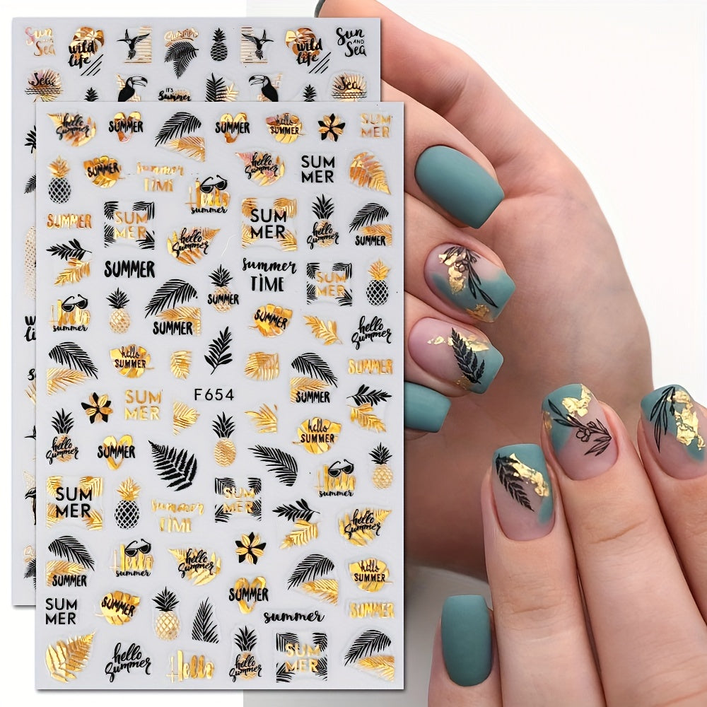 4 Sheets 3D Nail Art Stickers: Leaves/Flame Bird Adhesive Nail Decals