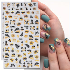 4 Sheets 3D Nail Art Stickers: Leaves/Flame Bird Adhesive Nail Decals