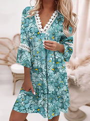 Boho Floral Print Dress Lace Stitching V Neck Half Sleeve Dress