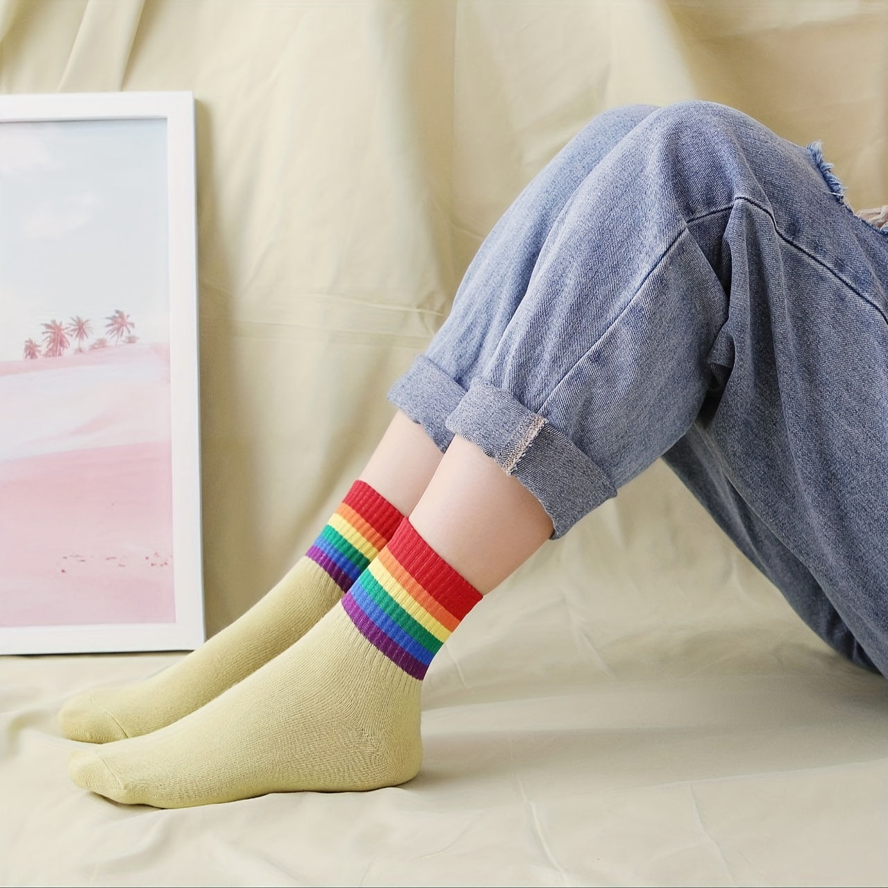 10 Pairs Rainbow Stripe Print Socks Women's Mid Tube Stockings