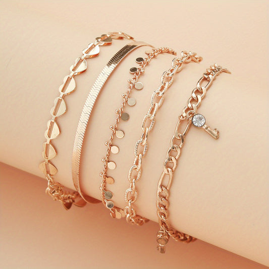 5 Pcs Stackable Chain Anklet Set with Key Tassel Pendant