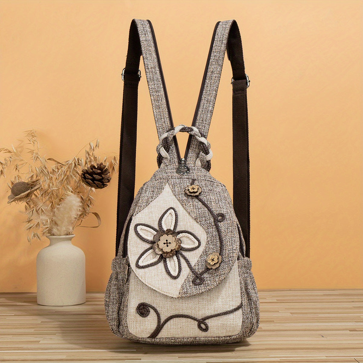 Vintage Ethnic Style Flap Backpack Floral Embroidered Daypack Bohemian Bag