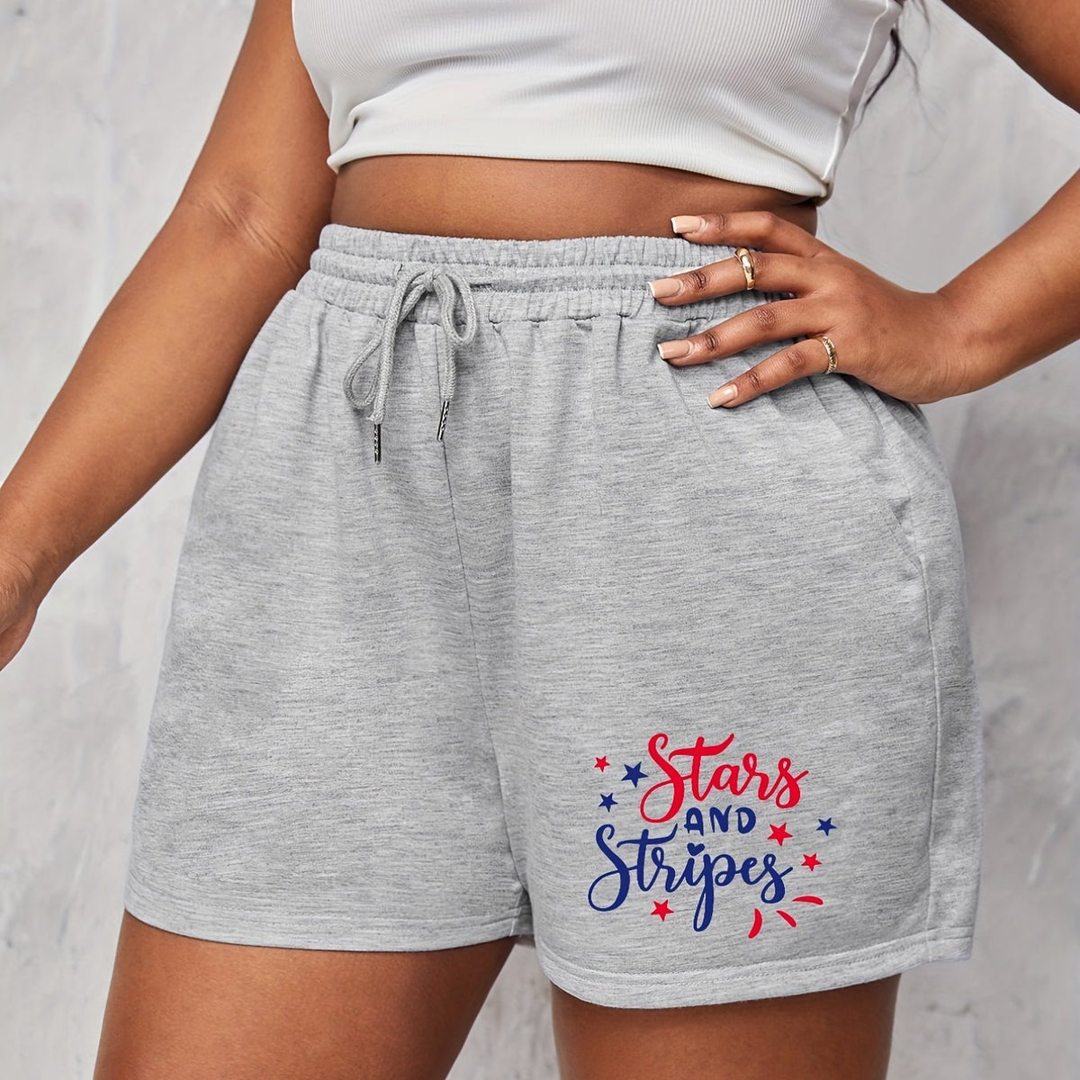  Independence Casual Shorts Women's Plus Letter & Star Print