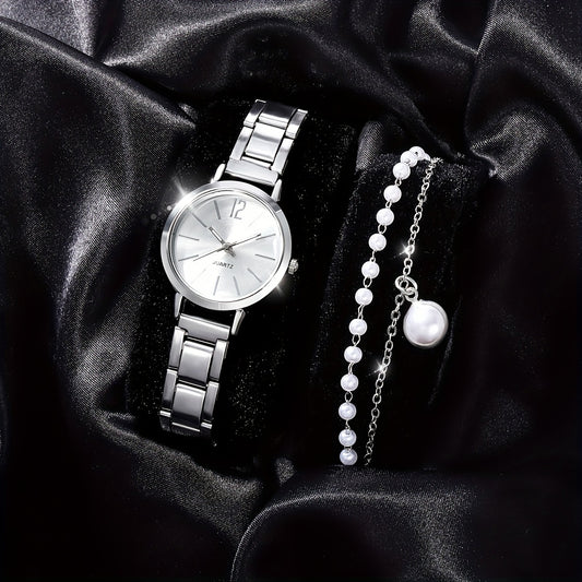 2pcs Children's Quartz Wristwatch & Bracelet Set, Pearl Butterfly Jewelry