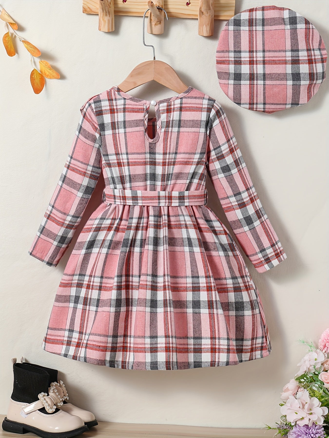 Girls' Plaid Long Sleeve Casual Midi Dress With Hat & Belt for Spring/Autumn