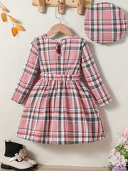 Girls' Plaid Long Sleeve Casual Midi Dress With Hat & Belt for Spring/Autumn