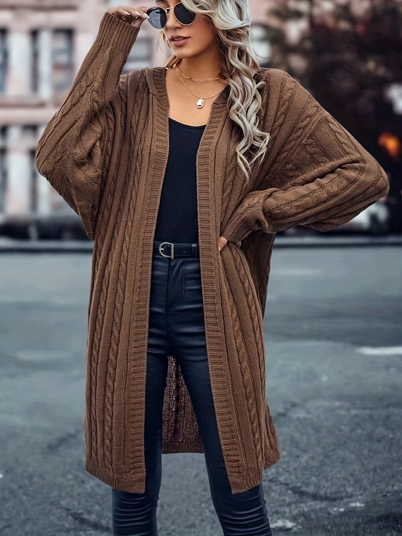  Cable Knit Open Front Hooded Sweater Cardigan