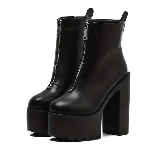 Women's Block Heel Boots Front Zipper Platform Shoes