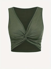Sexy V Neck Twist Front Tank Top Sleeveless Solid
