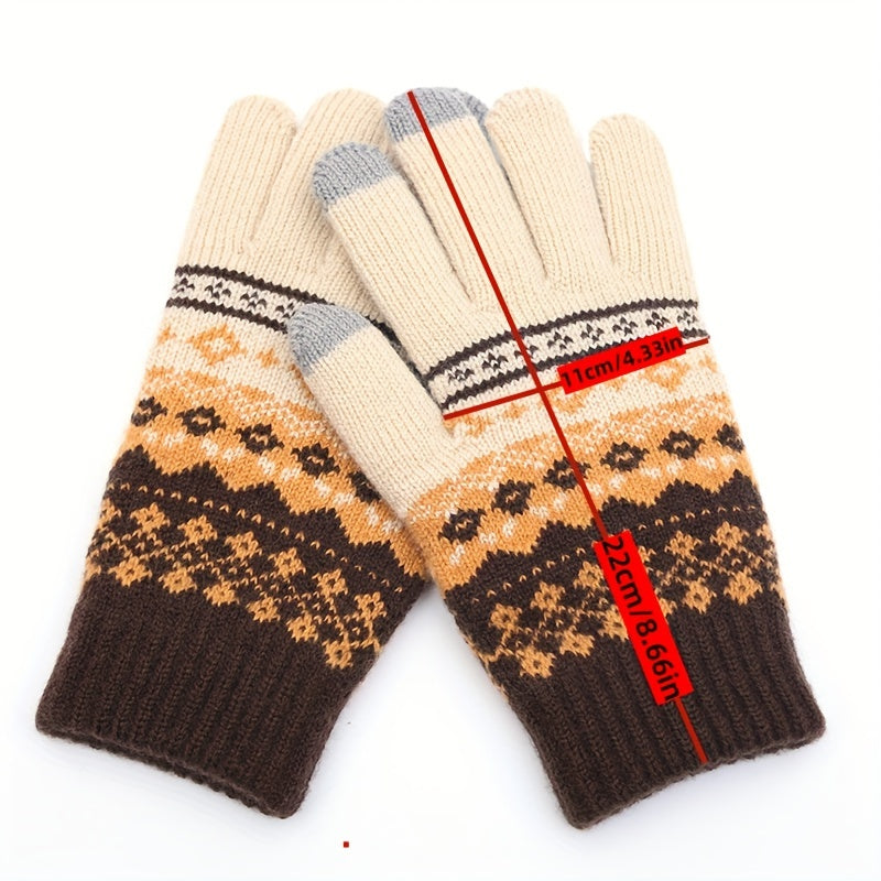 1Pair Winter Vintage Split Finger Gloves Jacquard Touch Screen Gloves