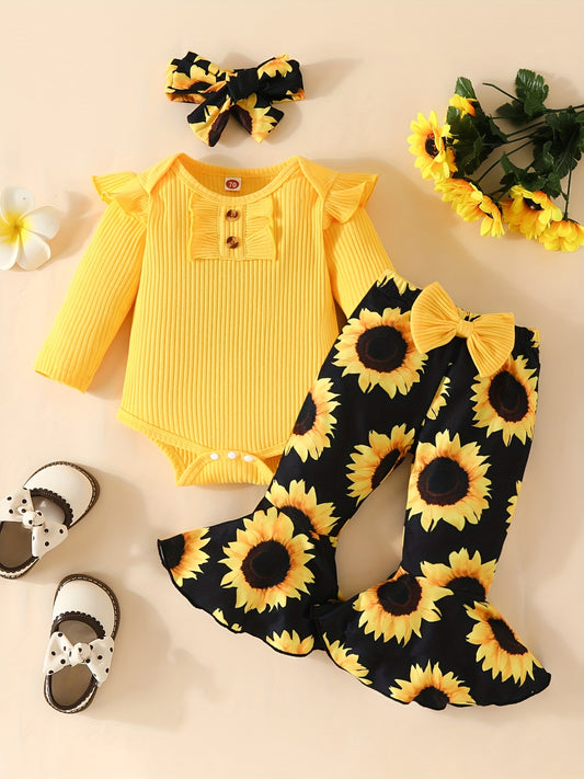 Baby Girl Ruffle Romper Sunflower Print Outfit Set