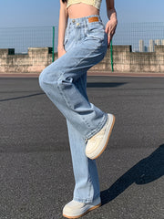 High Waist Loose Fit Straight Jeans Non Stretch High Rise Denim Pants
