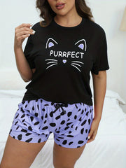  Kitten Print Tee & Bow Detail Dotted Pants Lounge Set
