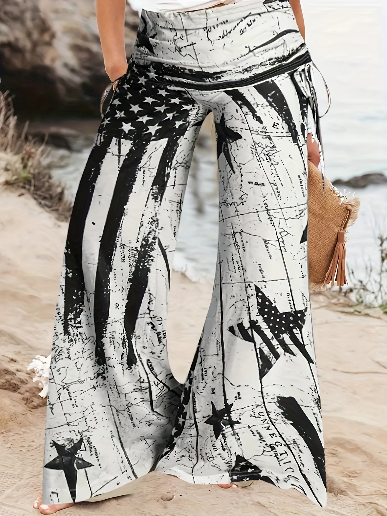  Independence Casual Pants Women's Plus Flag Print Loose Flared Leg