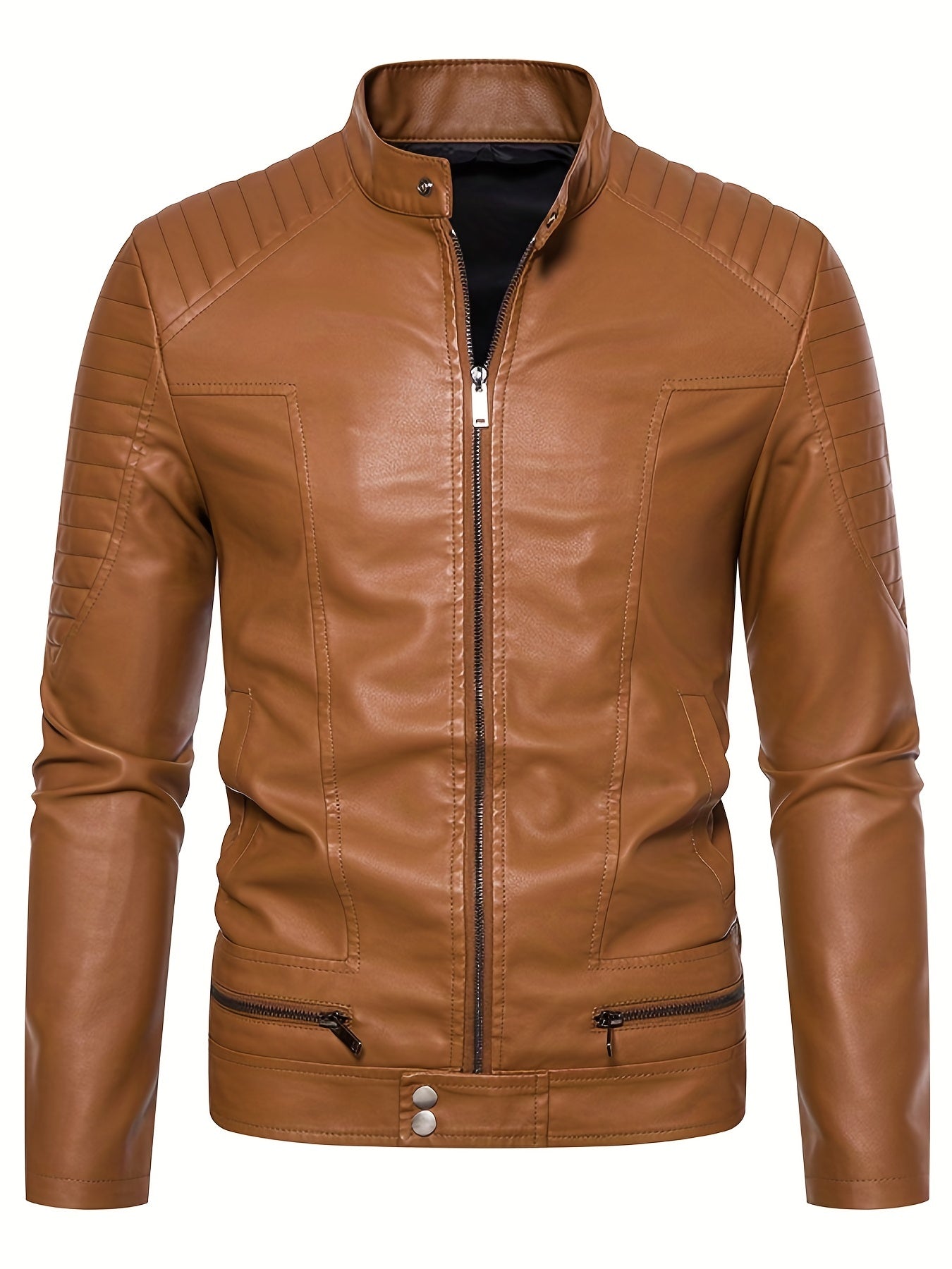 Men's PU Zip Up Stand Collar Faux Leather Jacket